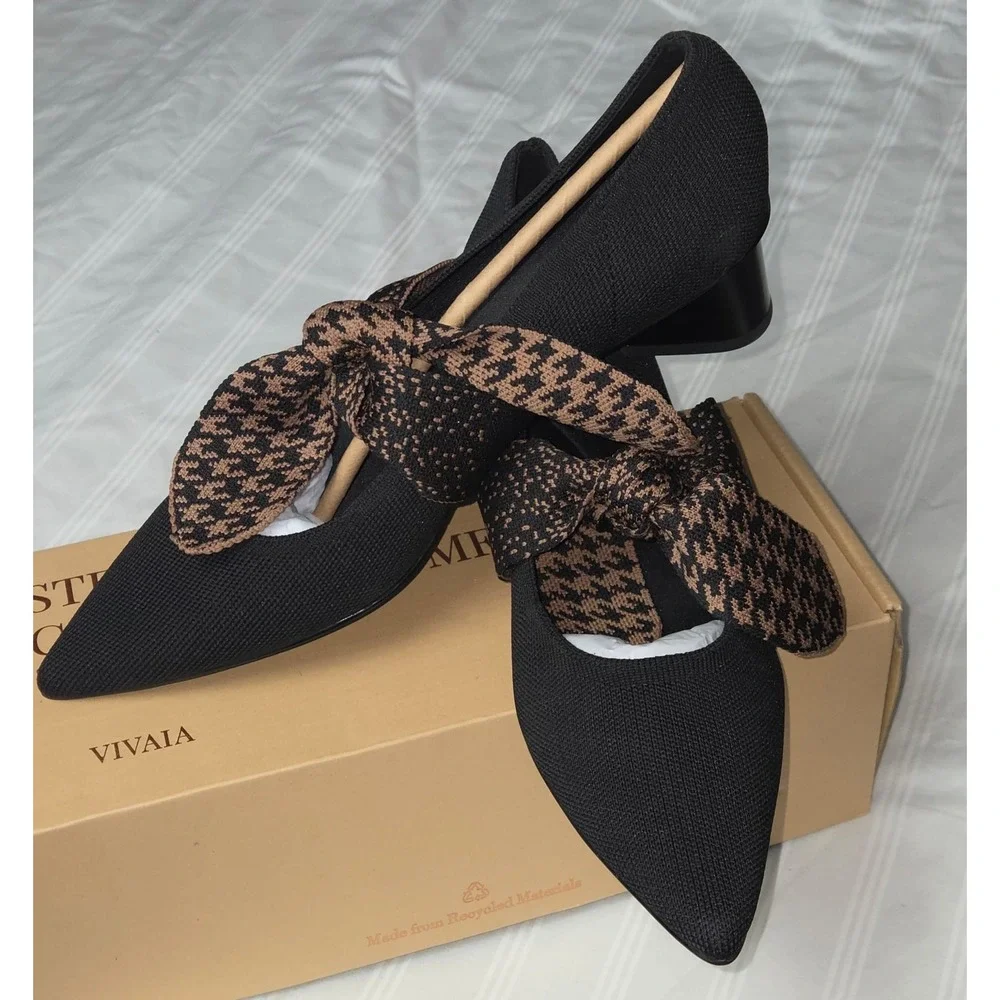 Vivaia Pointed-Toe Block Heel Mary Jane Knit Pumps Houndstooth Bow Size 7.5 EU38